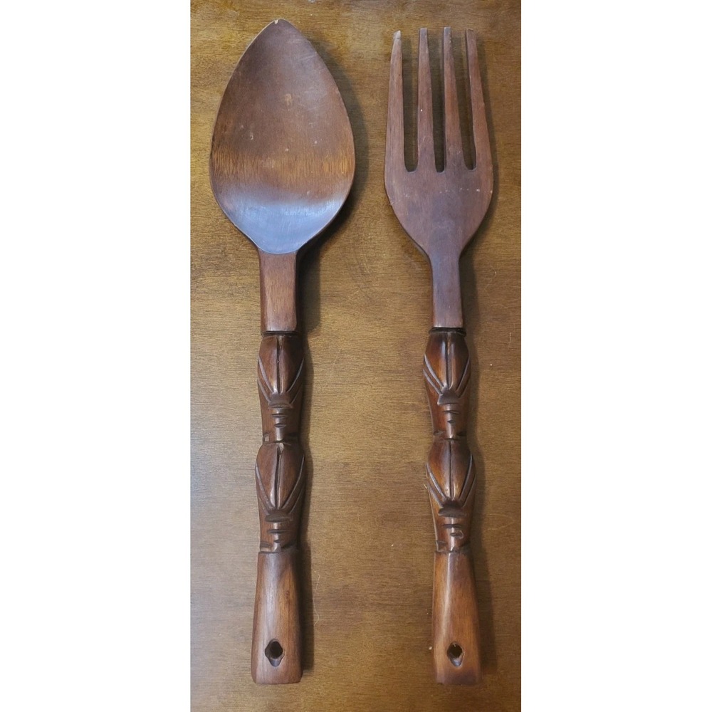 Vintage Hand Carved Wooden Fork and Spoon 20" Tiki Tribal Wall Art